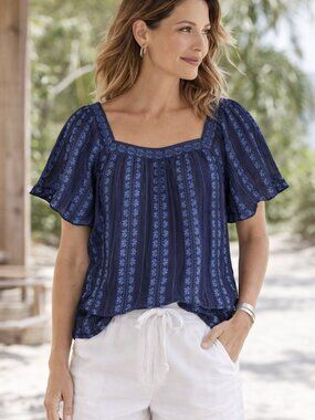 Banana Republic Navy Blue Floral Stripe Blouse Square Neck Medium